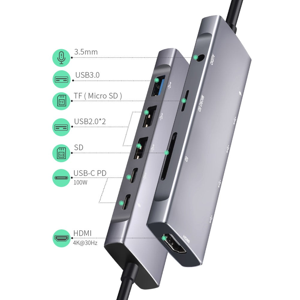 9 in 1 Docking Station 4K 30Hz USB C Hub HDMI Compatible 100W PD USB 3.0 + 2.0 Multiport Adapter for Laptop PC