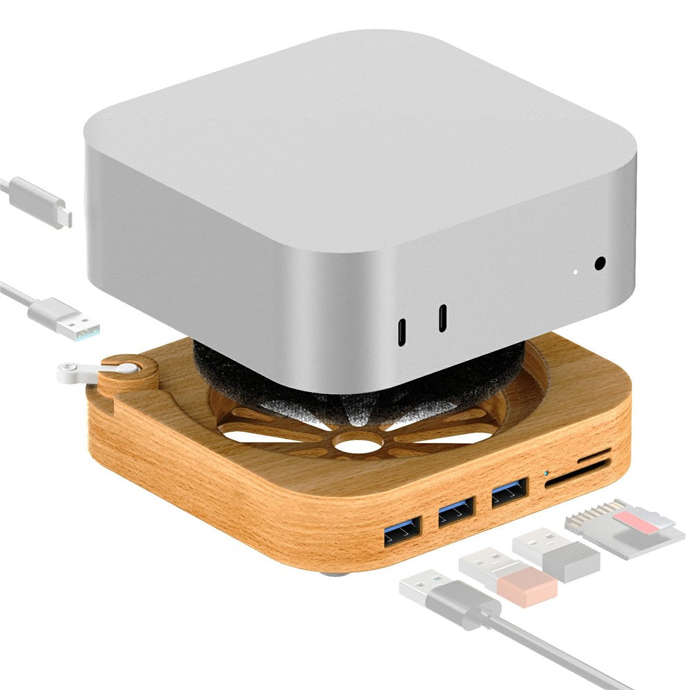 AJM4-FH For Mac Mini Pro Wooden Expansion Dock USB 3.0 Hub TF / SD Card Reader Anti-Dust Stand
