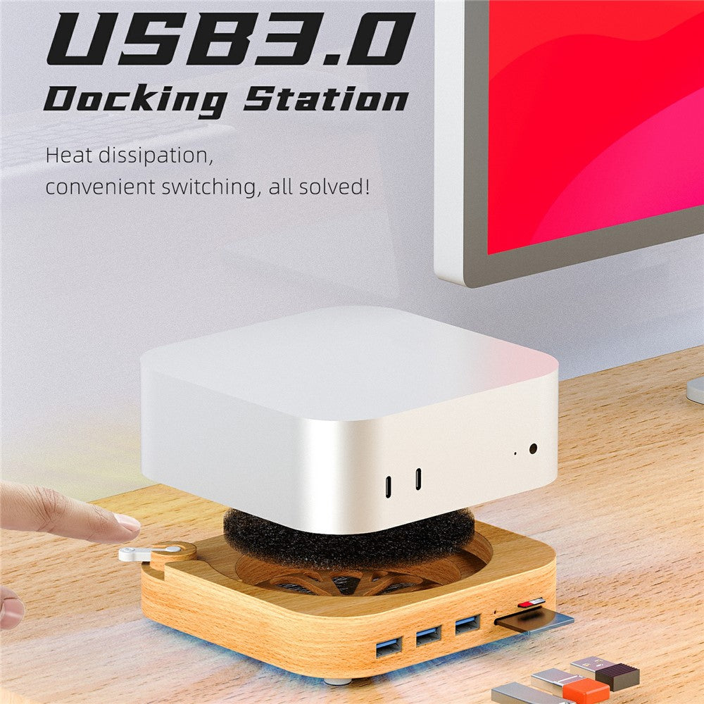 AJM4-FH For Mac Mini Pro Wooden Expansion Dock USB 3.0 Hub TF / SD Card Reader Anti-Dust Stand