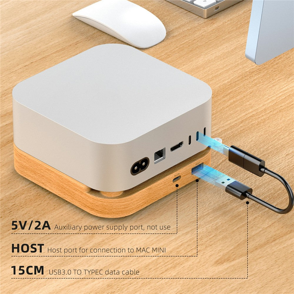 AJM4-FH For Mac Mini Pro Wooden Expansion Dock USB 3.0 Hub TF / SD Card Reader Anti-Dust Stand