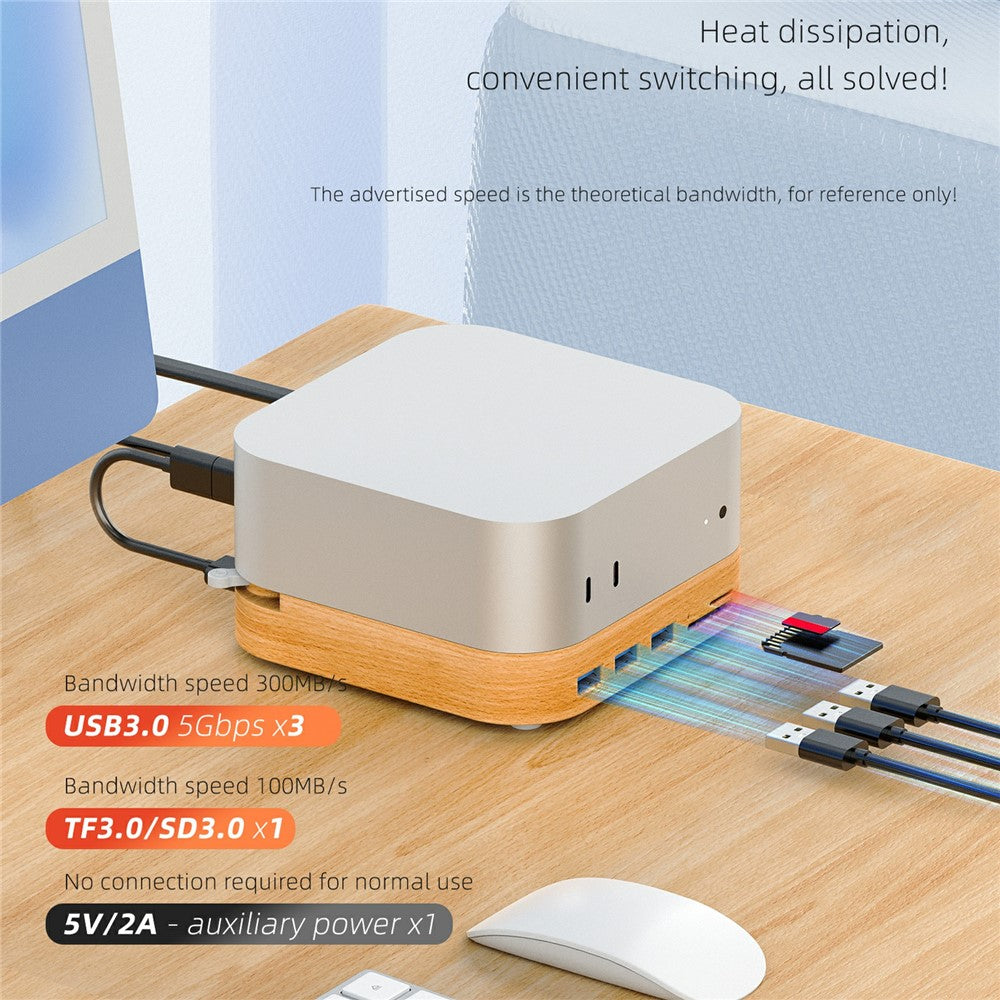 AJM4-FH For Mac Mini Pro Wooden Expansion Dock USB 3.0 Hub TF / SD Card Reader Anti-Dust Stand