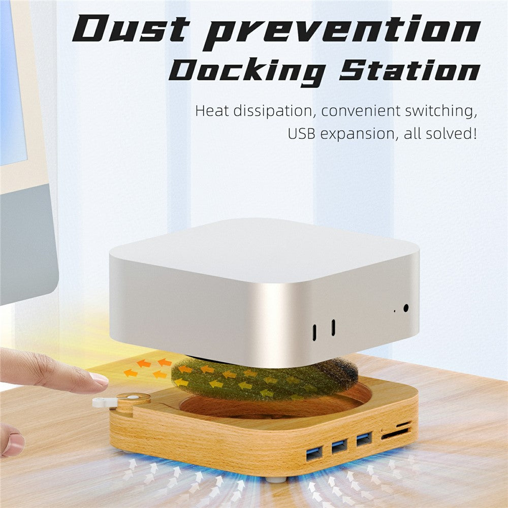 AJM4-FH For Mac Mini Pro Wooden Expansion Dock USB 3.0 Hub TF / SD Card Reader Anti-Dust Stand