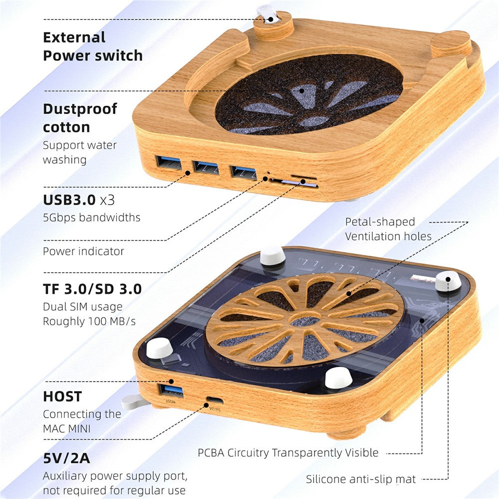 AJM4-FH For Mac Mini Pro Wooden Expansion Dock USB 3.0 Hub TF / SD Card Reader Anti-Dust Stand