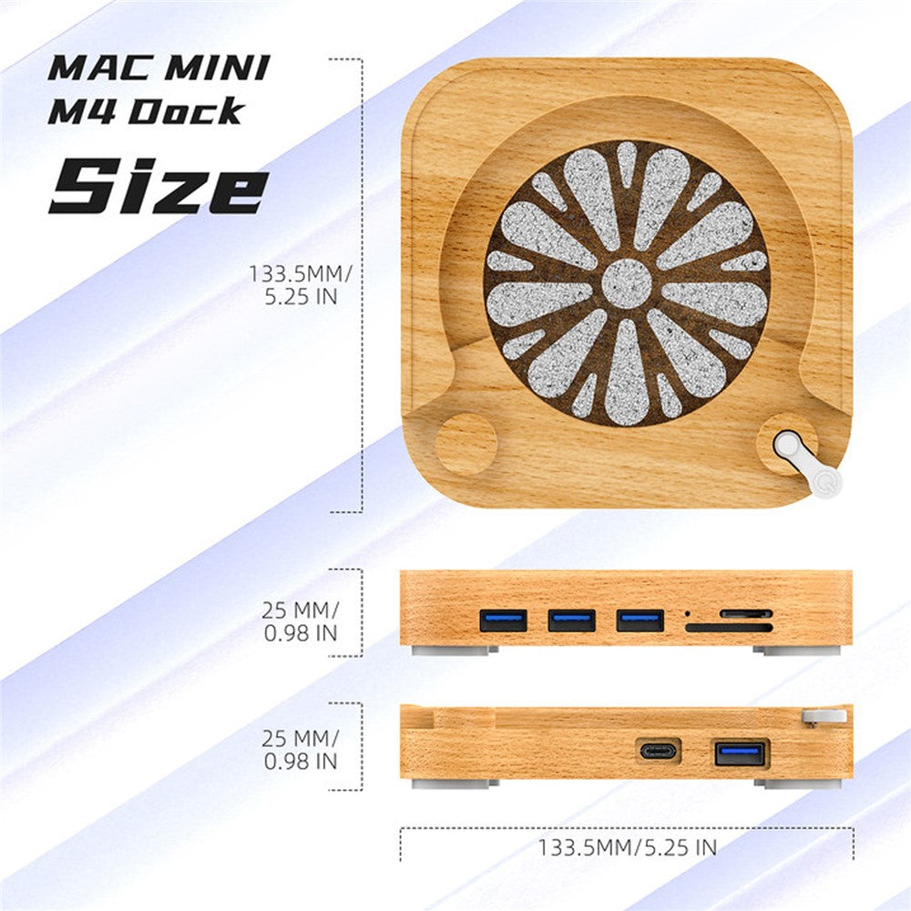 AJM4-FH For Mac Mini Pro Wooden Expansion Dock USB 3.0 Hub TF / SD Card Reader Anti-Dust Stand