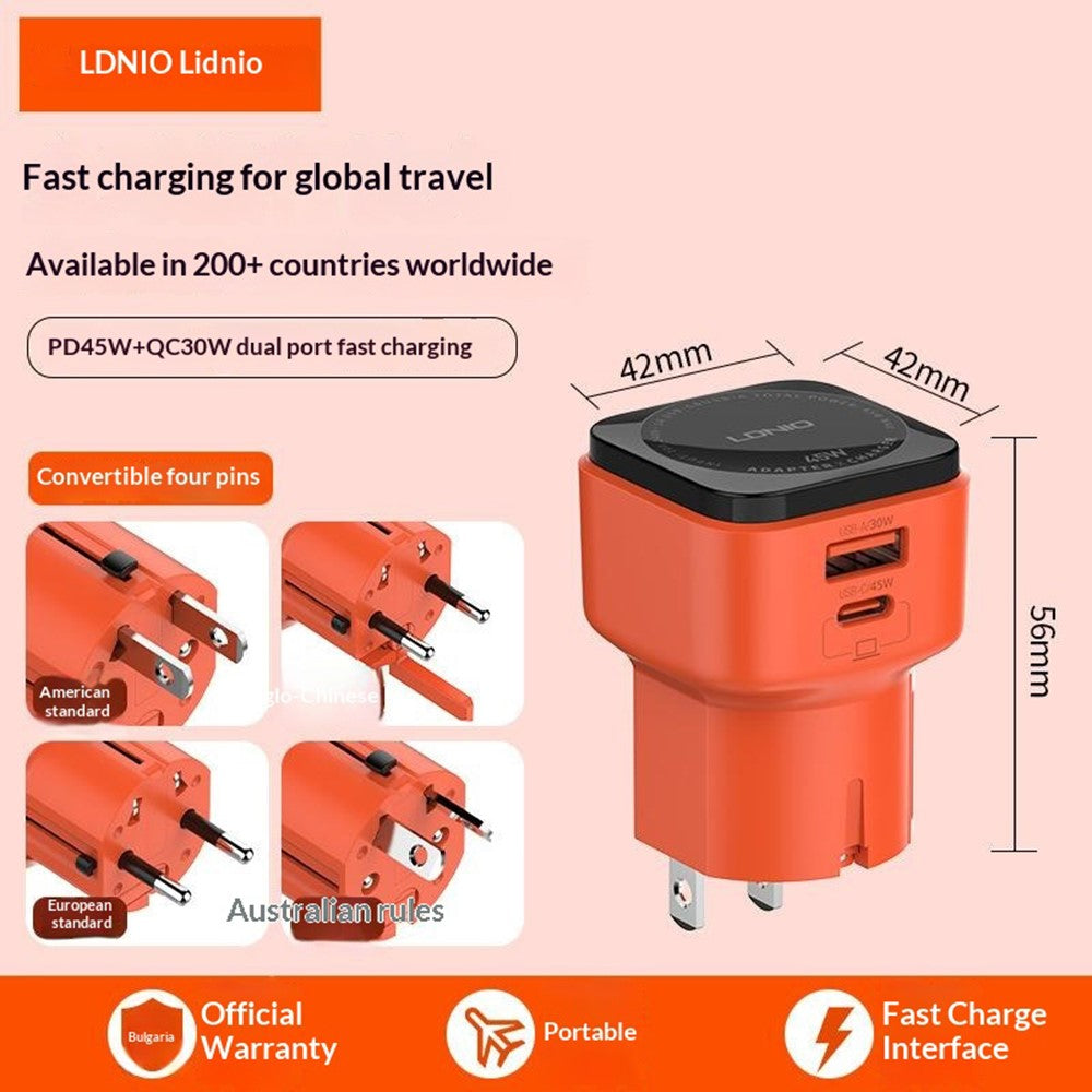 LDNIO Q2420 45W GaN Fast Charger with USB-C Cable Dual Port USB-C USB-A Global Travel PD Fast Charging Adapter