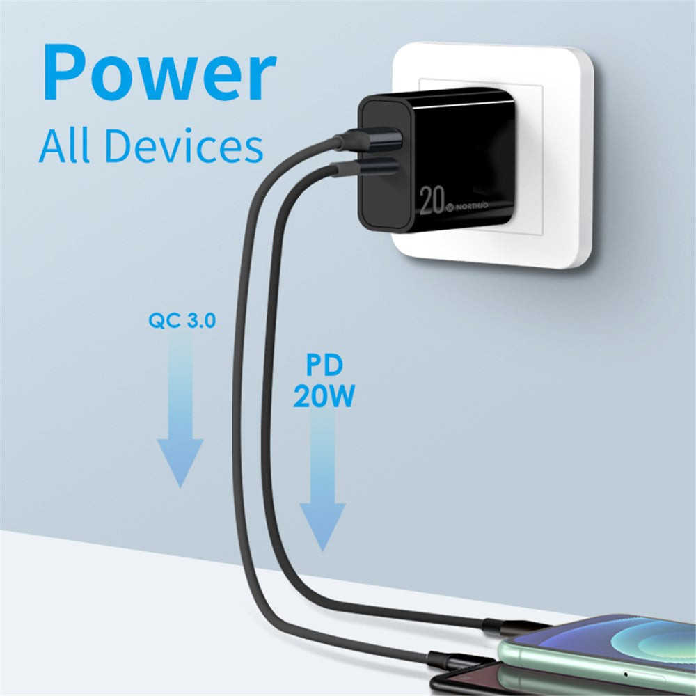 NORTHJO NOPD200602AU USB A + Type-C PD 20W  QC3.0 Fast Charger Dual Ports Power Adapter