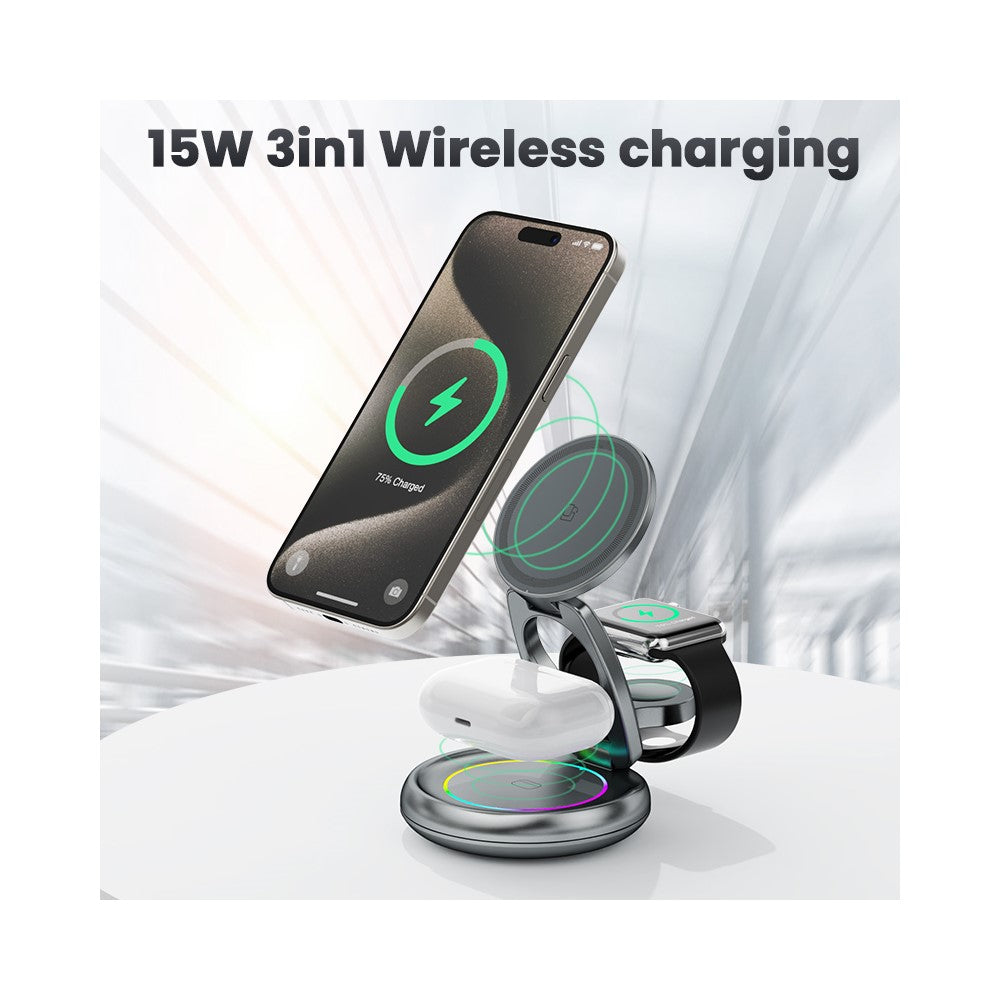LFX-208 3-in-1 Wireless Charger 15W Fast Wireless Charging Stand for iPhone / Apple Watch / Airpods