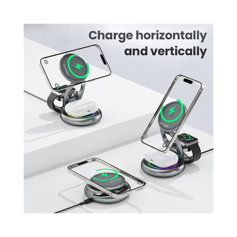 LFX-208 3-in-1 Wireless Charger 15W Fast Wireless Charging Stand for iPhone / Apple Watch / Airpods