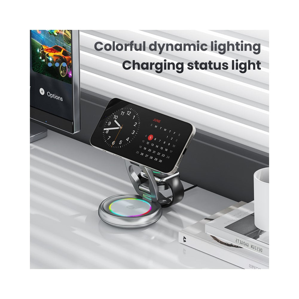 LFX-208 3-in-1 Wireless Charger 15W Fast Wireless Charging Stand for iPhone / Apple Watch / Airpods