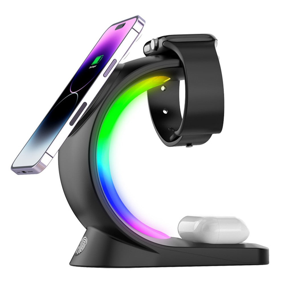 T17 3-in-1 RGB Light Magnetic Wireless Charger for iPhone 12 / 13 / 14 / 15 Series Desktop Fast Charging Stand