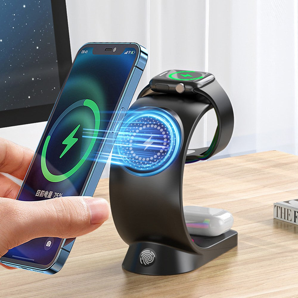 T17 3-in-1 RGB Light Magnetic Wireless Charger for iPhone 12 / 13 / 14 / 15 Series Desktop Fast Charging Stand
