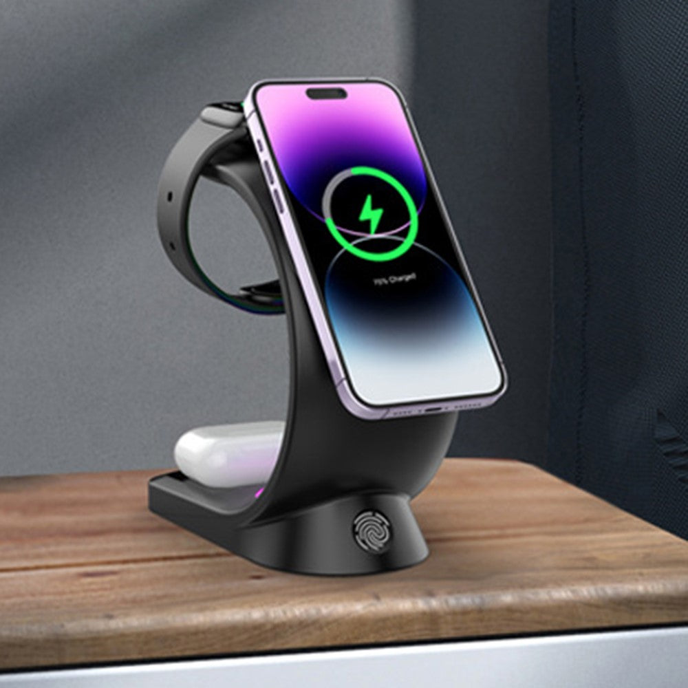 T17 3-in-1 RGB Light Magnetic Wireless Charger for iPhone 12 / 13 / 14 / 15 Series Desktop Fast Charging Stand