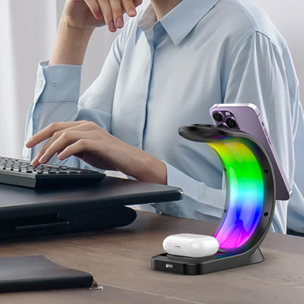 T17 3-in-1 RGB Light Magnetic Wireless Charger for iPhone 12 / 13 / 14 / 15 Series Desktop Fast Charging Stand