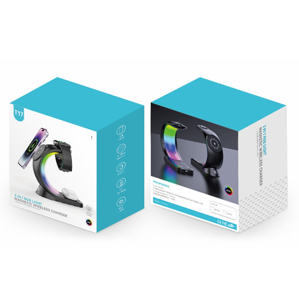 T17 3-in-1 RGB Light Magnetic Wireless Charger for iPhone 12 / 13 / 14 / 15 Series Desktop Fast Charging Stand