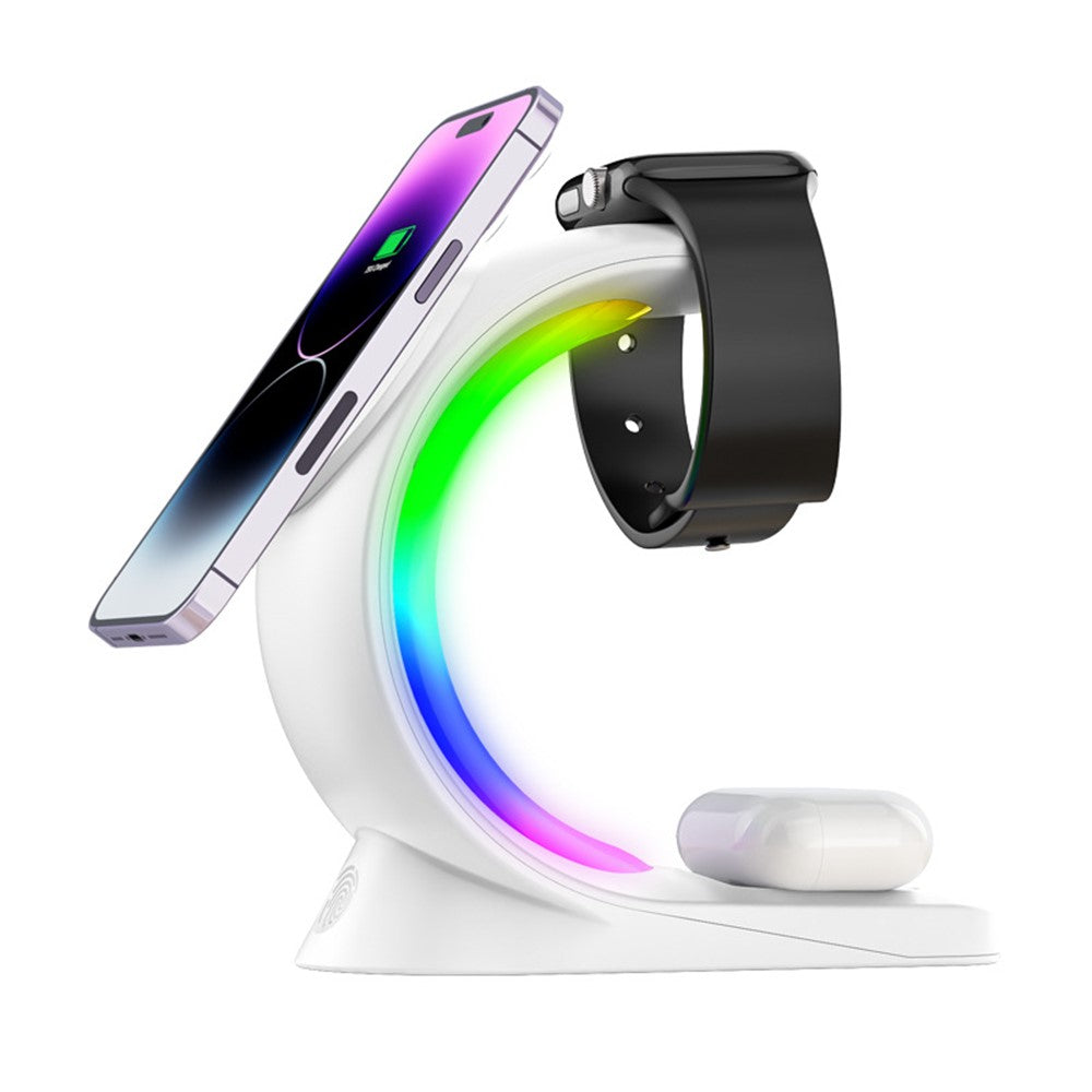 T17 3-in-1 RGB Light Magnetic Wireless Charger for iPhone 12 / 13 / 14 / 15 Series Desktop Fast Charging Stand