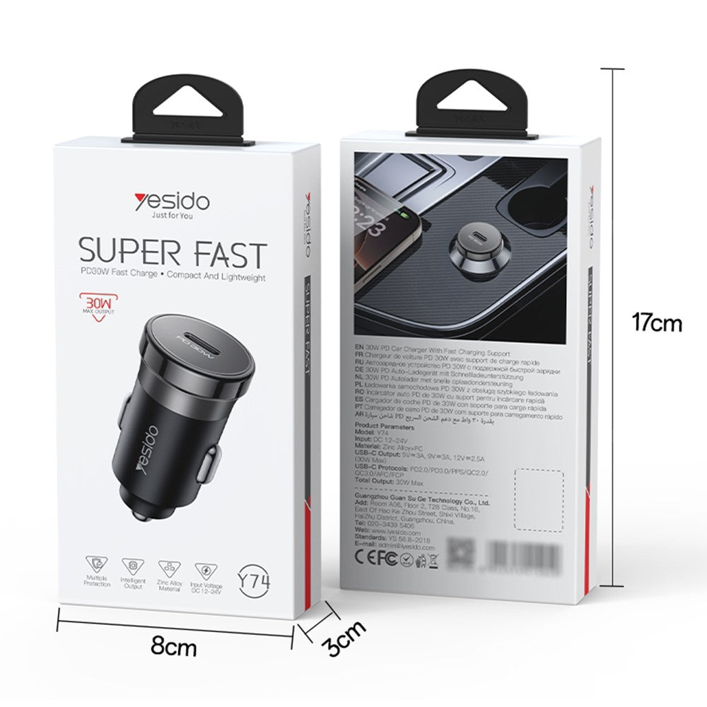 YESIDO Y74 Car Charger 30W Fast Charging Single USB-C Port Cigarette Lighter Power Adapter