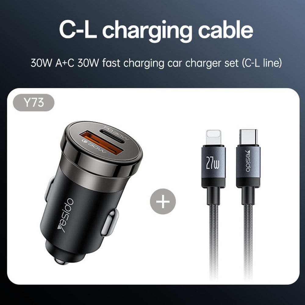 YESIDO Y73 30W Fast Car Charger Dual Port USB-A + USB-C with Type-C to iP Cable