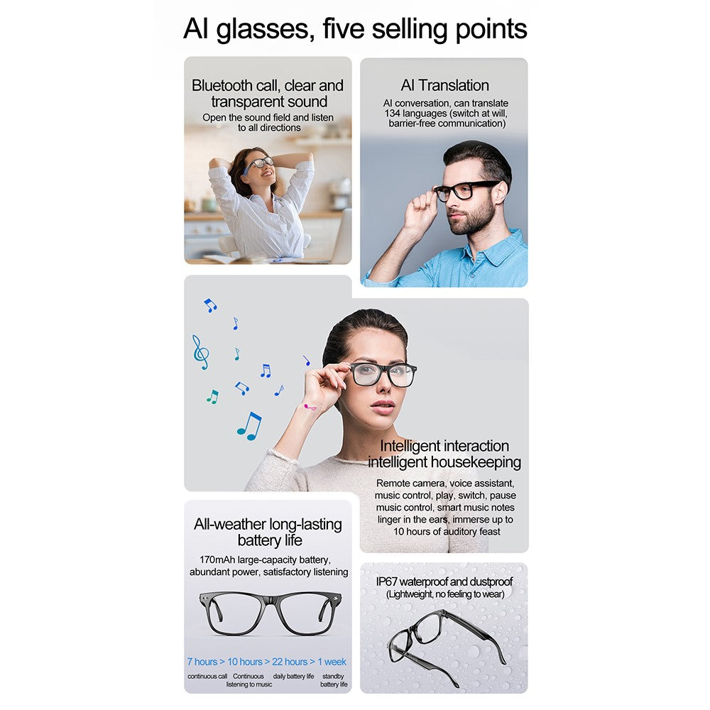 W100 AI Translation Smart Glasses Bluetooth-Compatible Call Music Fashion Sports IP67 Waterproof Hall Sensor Glasses