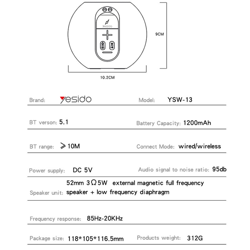 YESIDO YSW13 Wireless Audio Subwoofer Speaker Outdoor Home Bluetooth-compatible Speaker 3 Light Modes