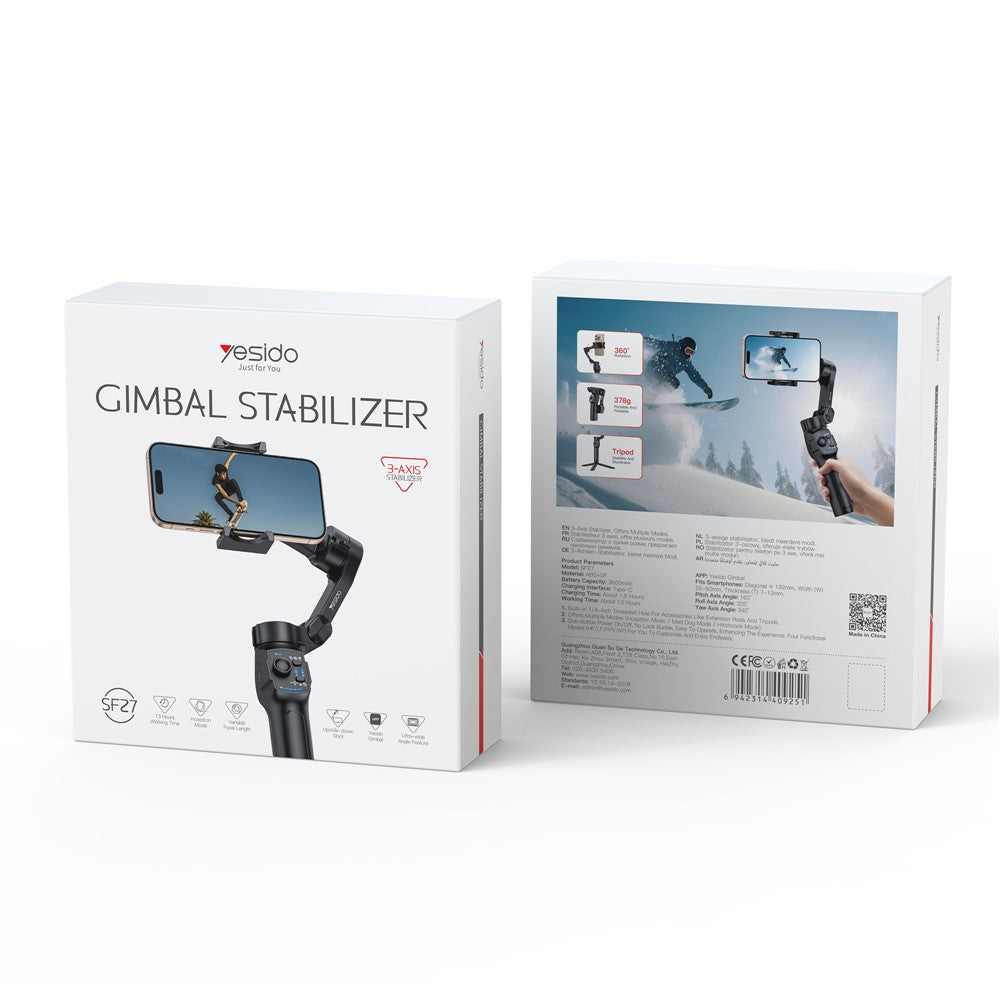 YESIDO SF27 Outdoor Video Shooting 4 Modes Foldable 3 Axis Handheld Gimbal Stabilizer for Smartphones